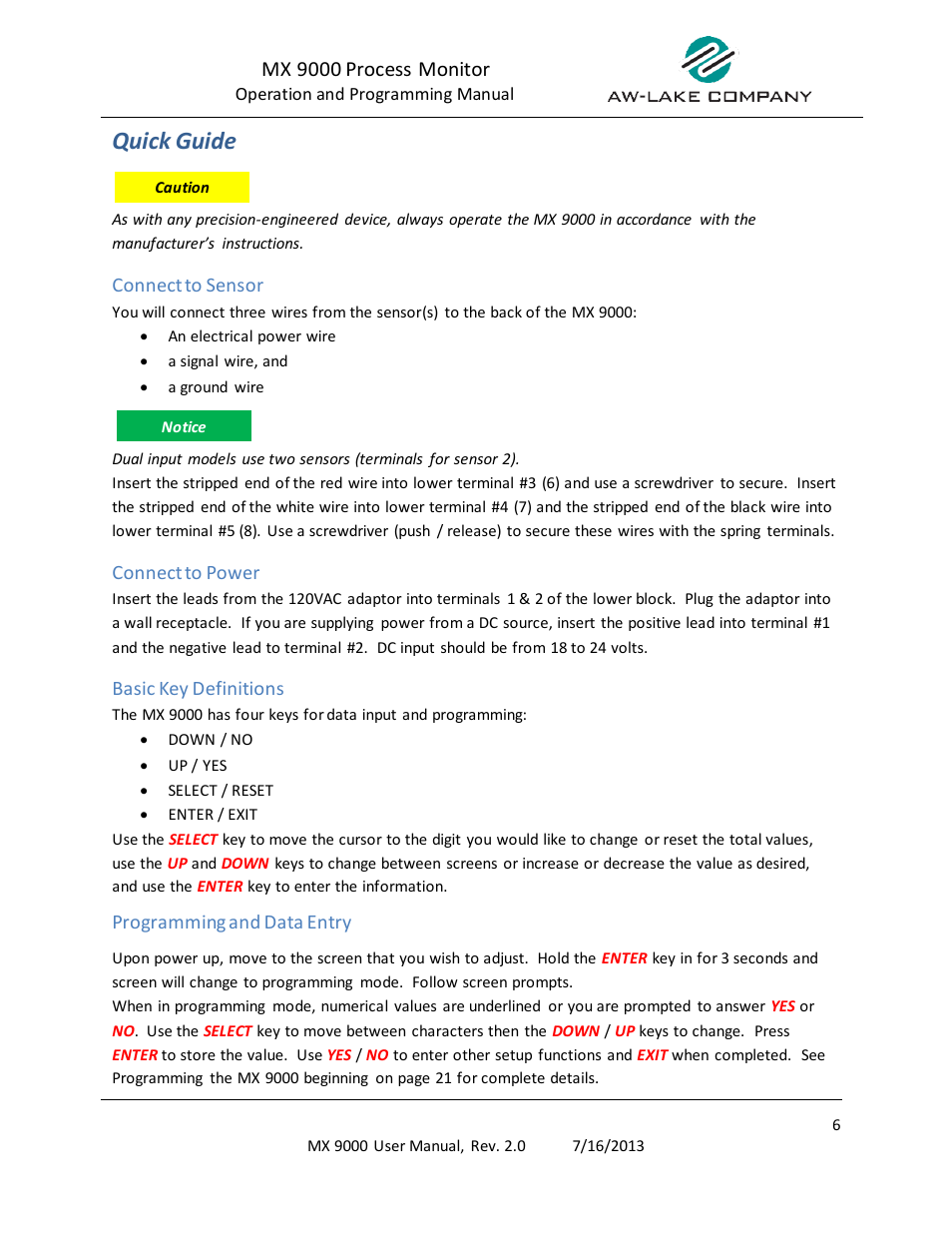Quick guide, Connect to sensor, Connect to power | Basic key definitions, Programming and data entry, Mx 9000 process monitor | AW Gear Meters MX 9000 User Manual | Page 7 / 52