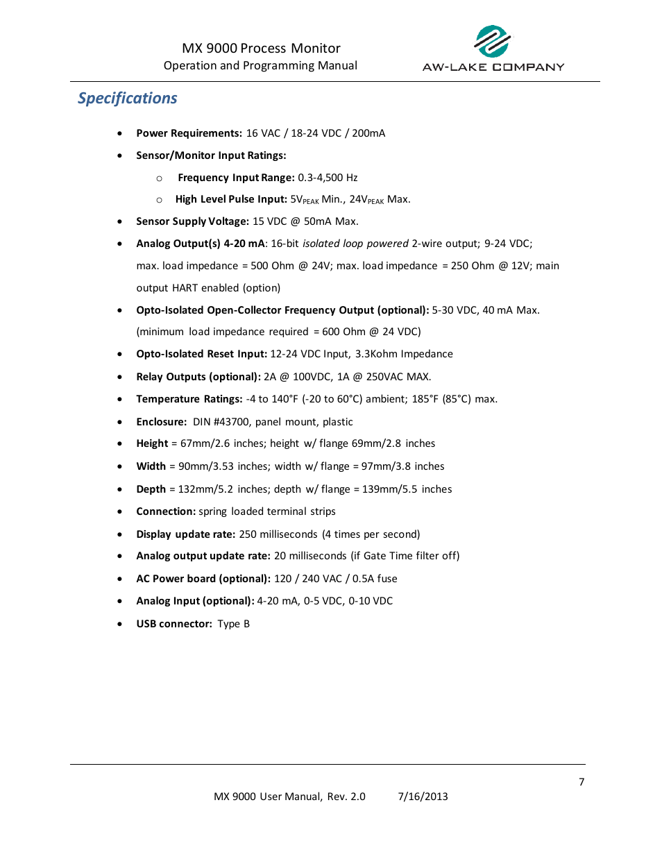 Specifications, Mx 9000 process monitor | AW Gear Meters MX 9000 User Manual | Page 8 / 52