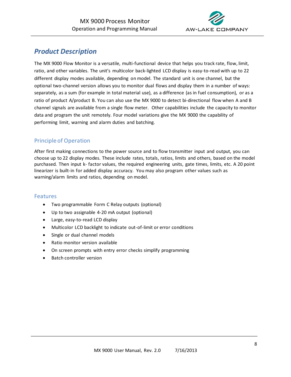 Product description, Principle of operation, Features | Mx 9000 process monitor | AW Gear Meters MX 9000 User Manual | Page 9 / 52
