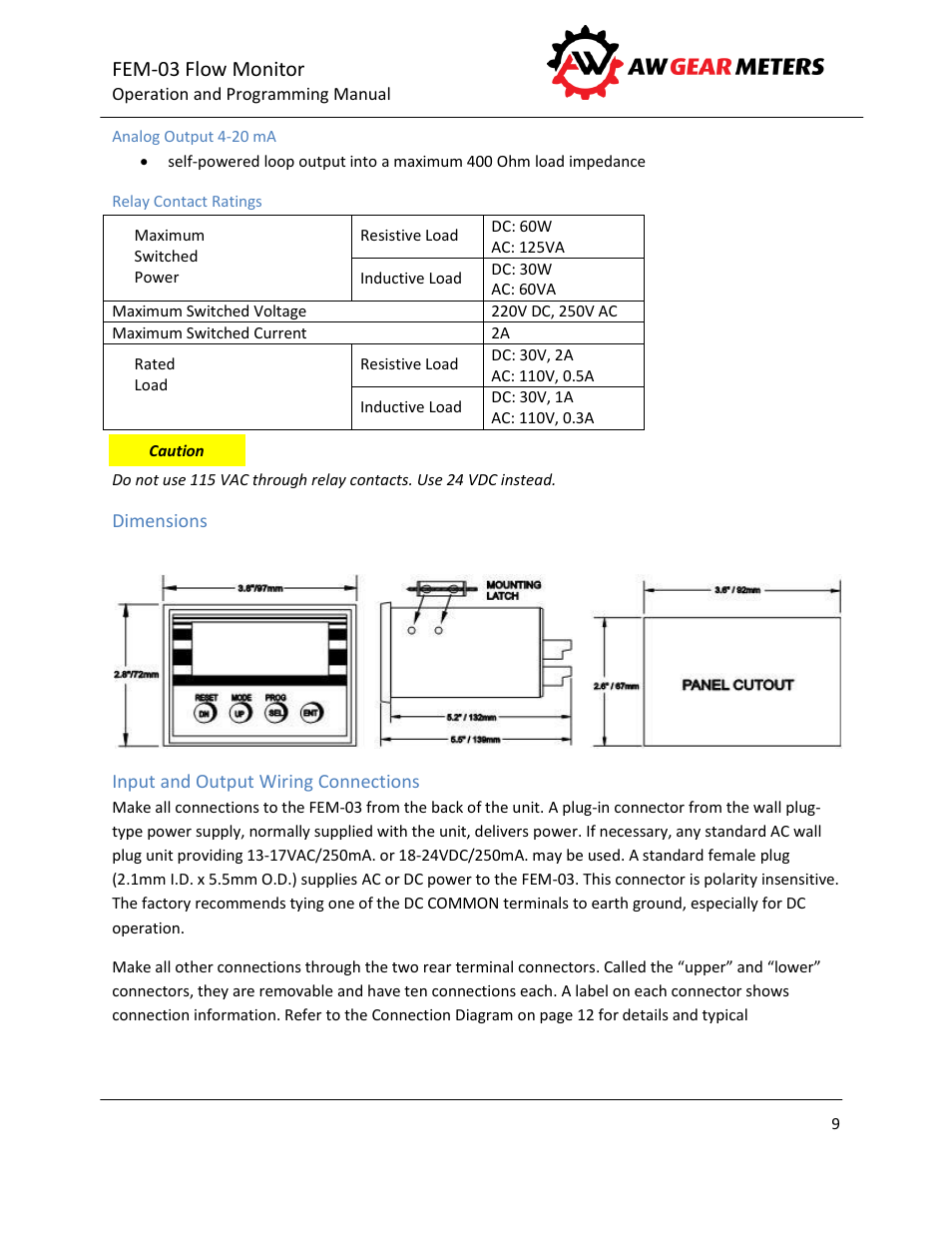 Analog output 4-20 ma, Relay contact ratings, Dimensions | Input and output wiring connections, Fem-03 flow monitor | AW Gear Meters FEM-03 User Manual | Page 10 / 44
