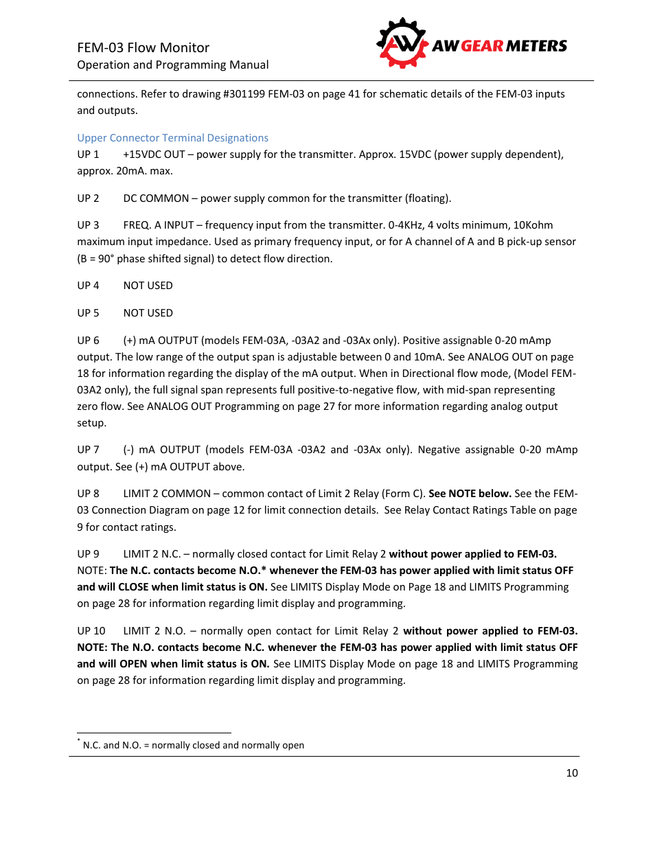 Upper connector terminal designations, Fem-03 flow monitor | AW Gear Meters FEM-03 User Manual | Page 11 / 44