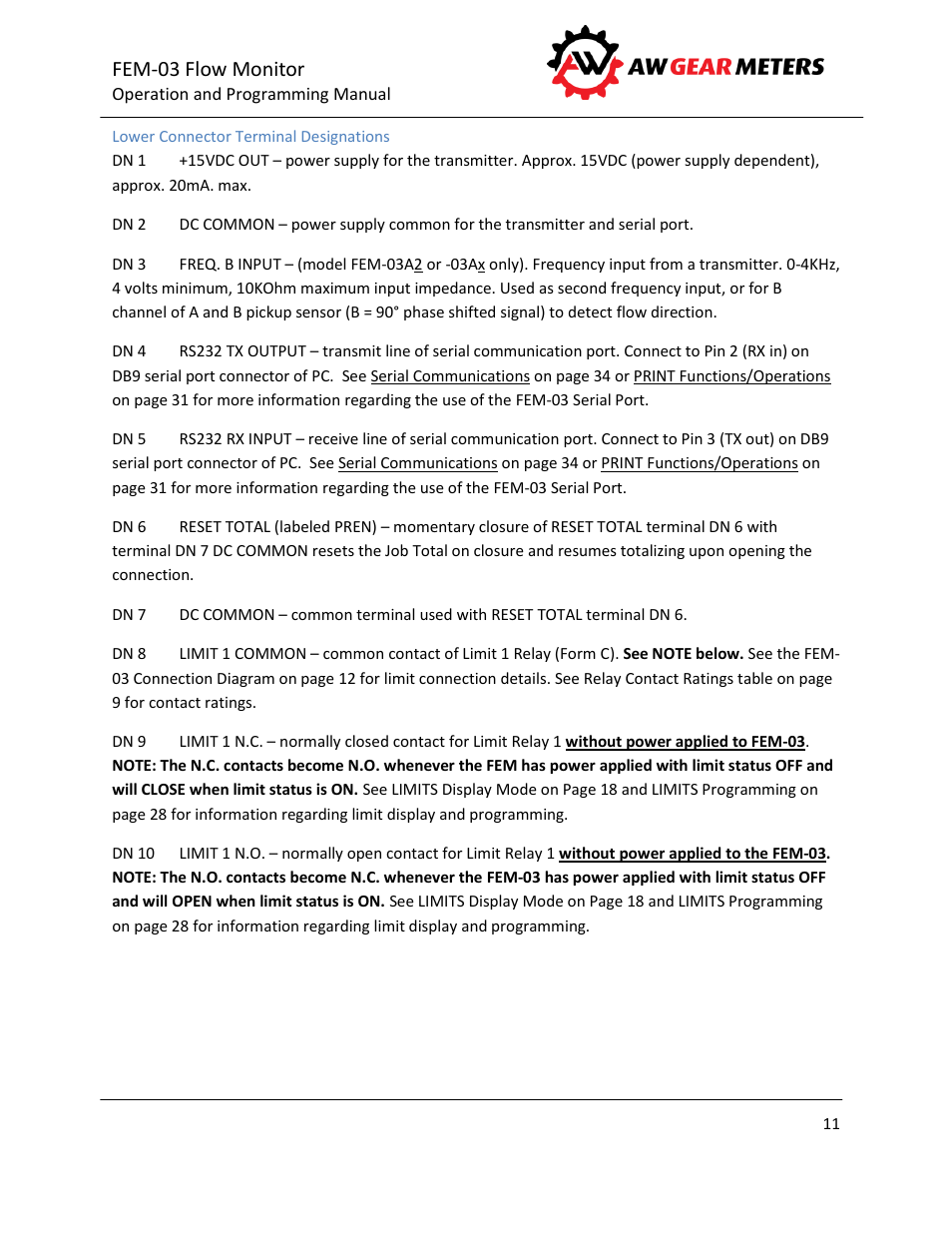 Lower connector terminal designations, Fem-03 flow monitor | AW Gear Meters FEM-03 User Manual | Page 12 / 44