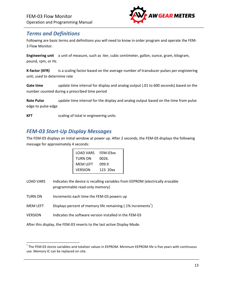 Terms and definitions, Fem-03 start-up display messages, Fem-03 flow monitor | AW Gear Meters FEM-03 User Manual | Page 14 / 44
