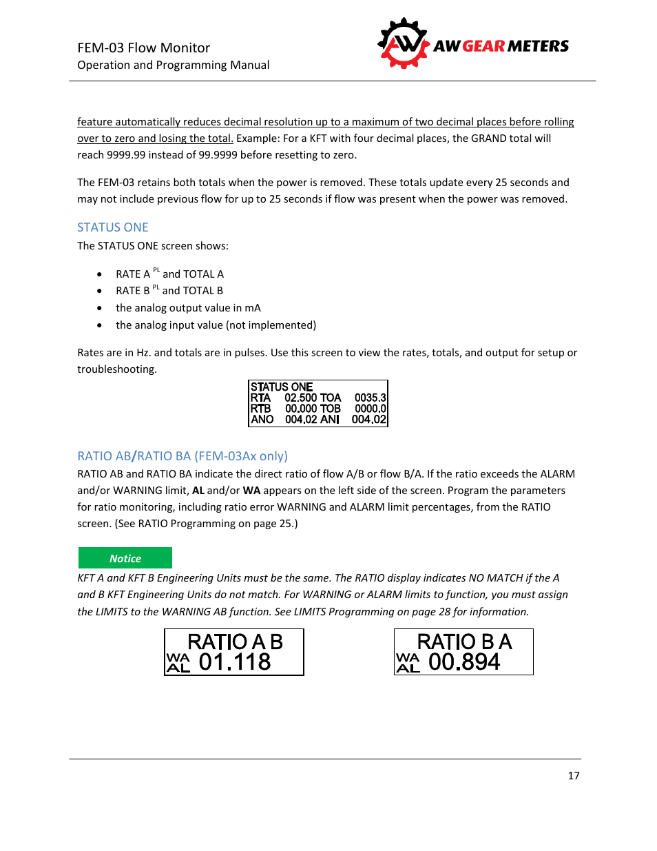 Status one, Ratio ab / ratio ba (fem-03ax only), Fem-03 flow monitor | AW Gear Meters FEM-03 User Manual | Page 18 / 44