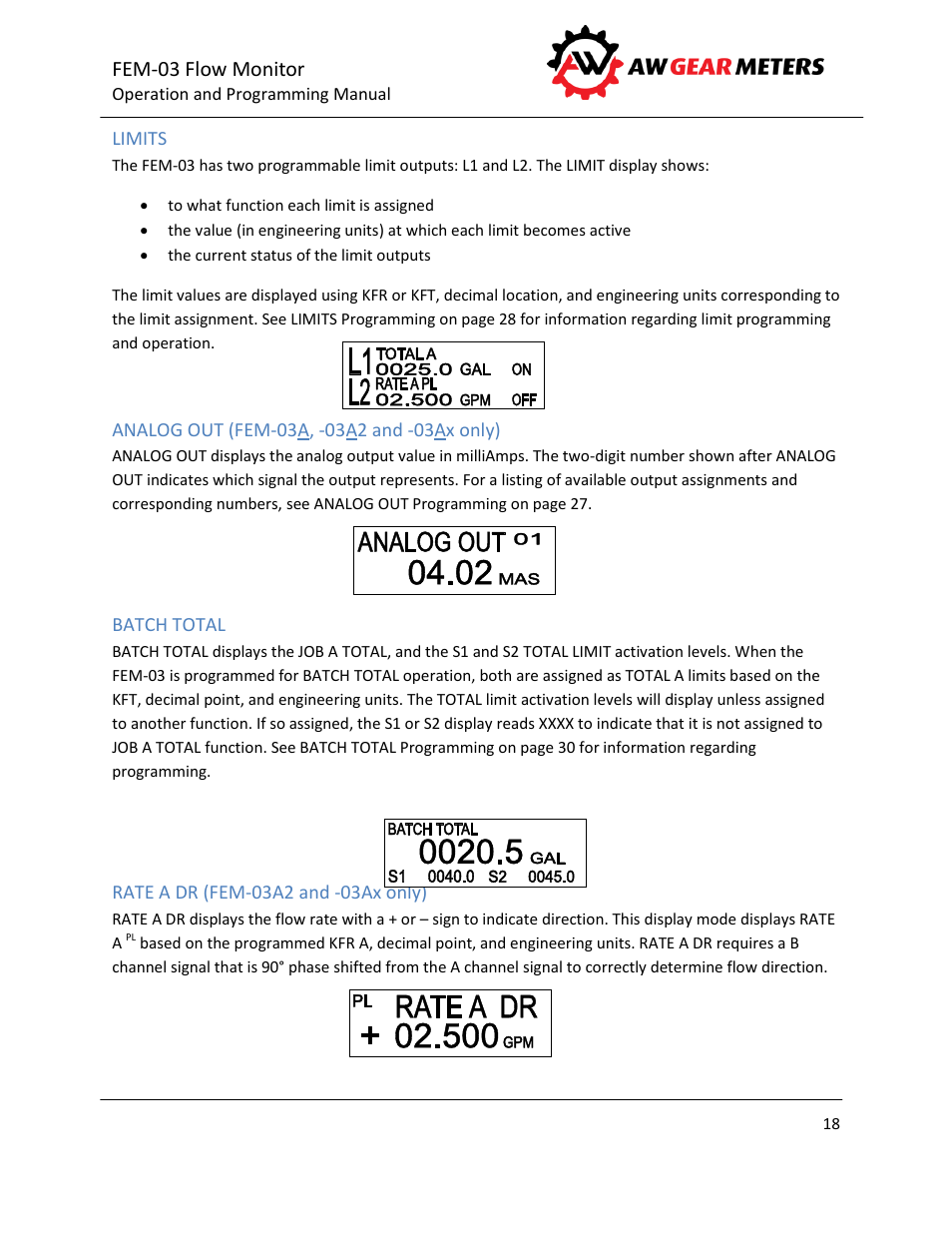 Limits, Analog out (fem-03a, -03a2 and -03ax only), Batch total | Rate a dr (fem-03a2 and -03ax only), E 18, Fem-03 flow monitor | AW Gear Meters FEM-03 User Manual | Page 19 / 44