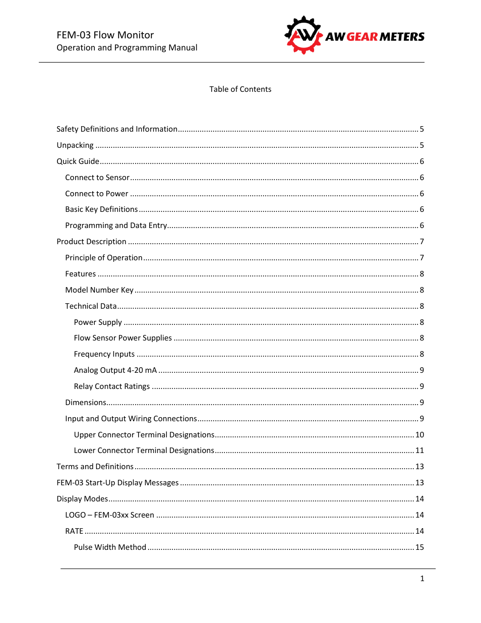 Fem-03 flow monitor | AW Gear Meters FEM-03 User Manual | Page 2 / 44