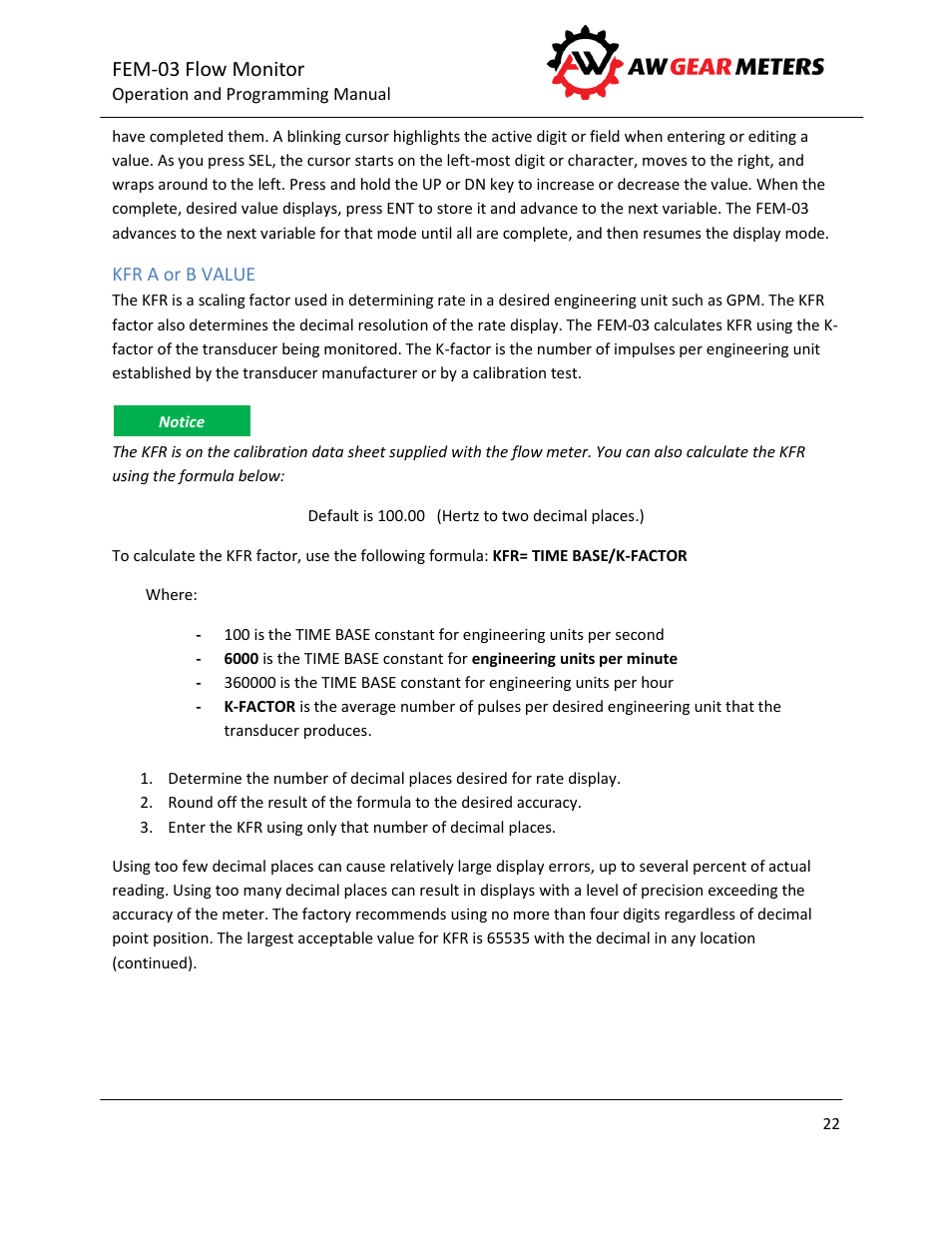 Kfr a or b value, Fem-03 flow monitor | AW Gear Meters FEM-03 User Manual | Page 23 / 44