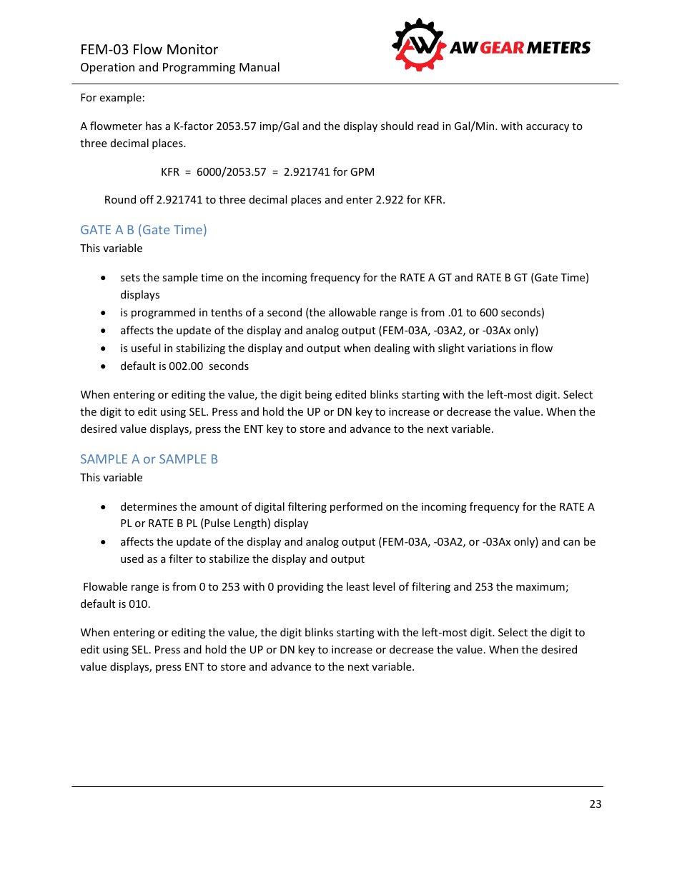 Gate a b (gate time), Sample a or sample b, Fem-03 flow monitor | AW Gear Meters FEM-03 User Manual | Page 24 / 44