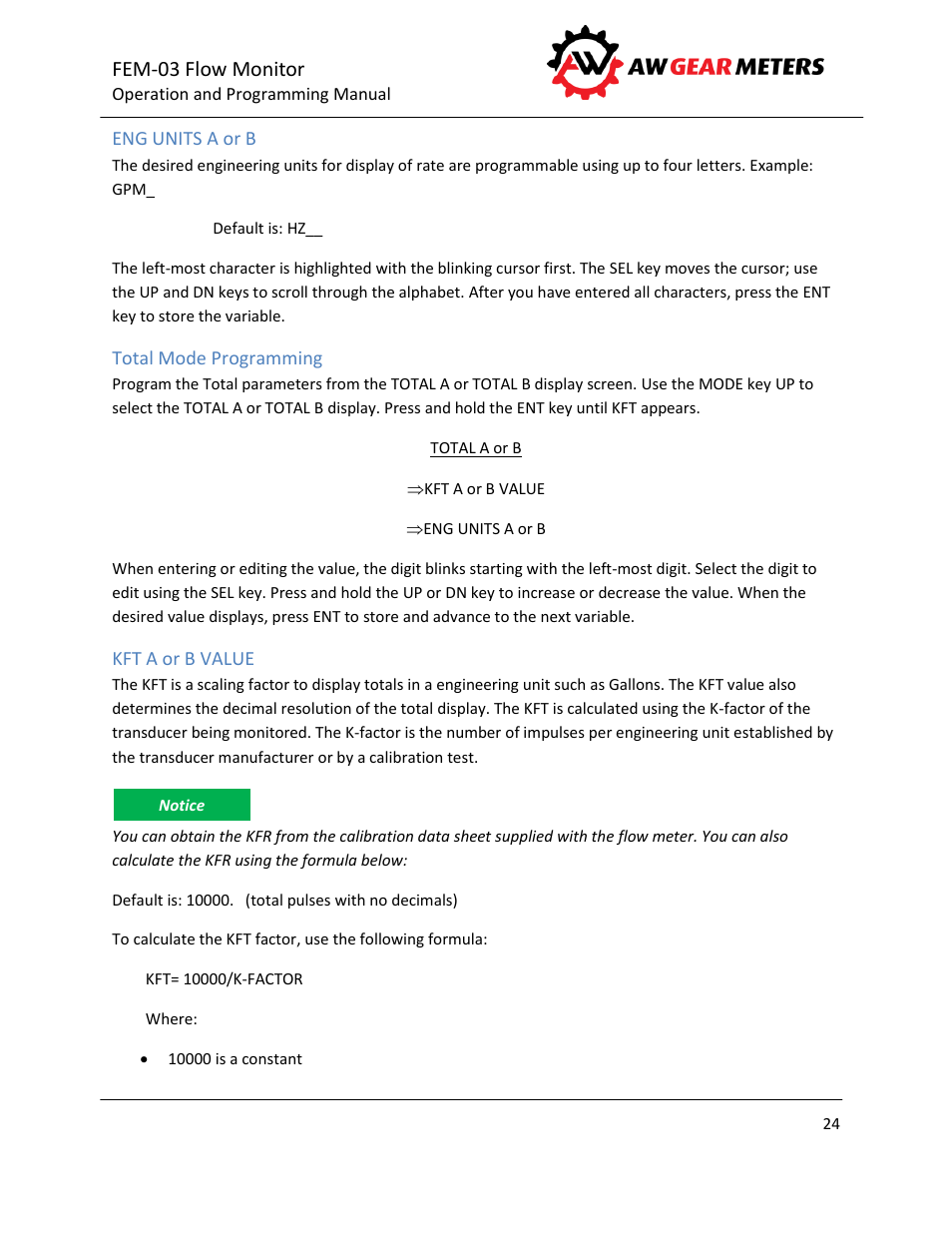 Eng units a or b, Total mode programming, Kft a or b value | Fem-03 flow monitor | AW Gear Meters FEM-03 User Manual | Page 25 / 44