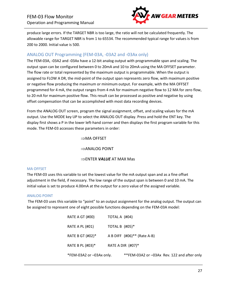 Ma offset, Analog point, Fem-03 flow monitor | AW Gear Meters FEM-03 User Manual | Page 28 / 44