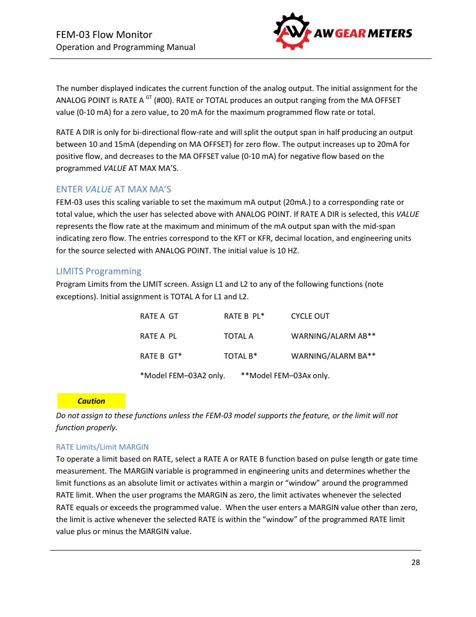 Enter value at max ma’s, Limits programming, Rate limits/limit margin | E 28, Fem-03 flow monitor | AW Gear Meters FEM-03 User Manual | Page 29 / 44