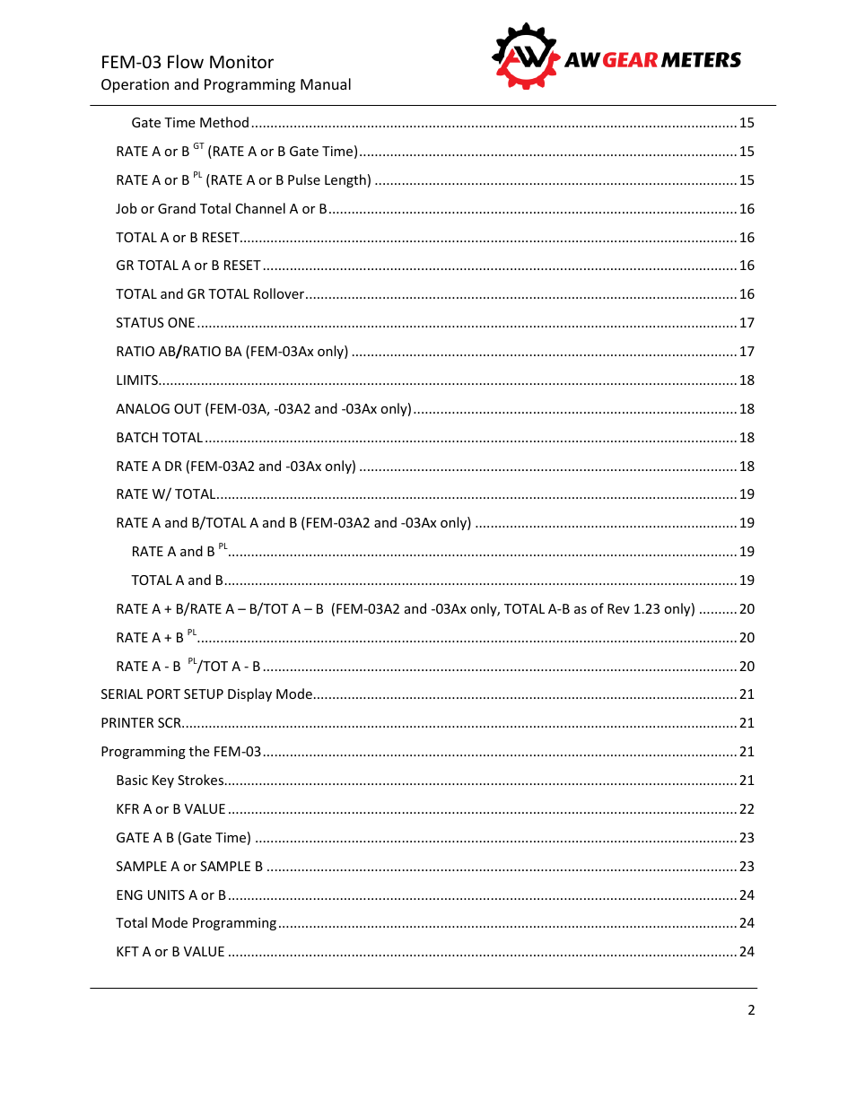 Fem-03 flow monitor | AW Gear Meters FEM-03 User Manual | Page 3 / 44