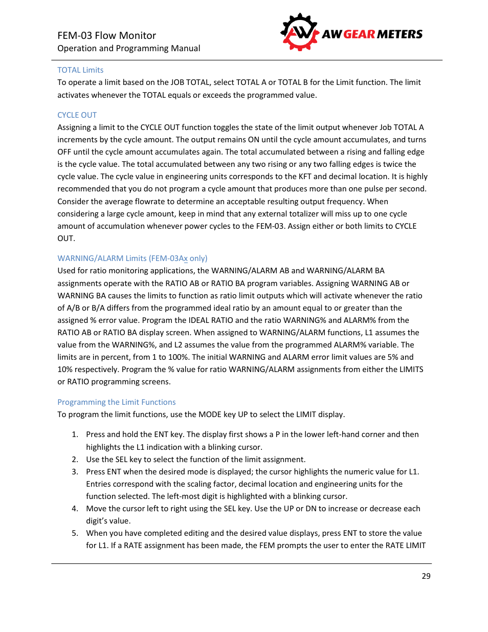 Total limits, Cycle out, Warning/alarm limits (fem-03ax only) | Programming the limit functions, Fem-03 flow monitor | AW Gear Meters FEM-03 User Manual | Page 30 / 44