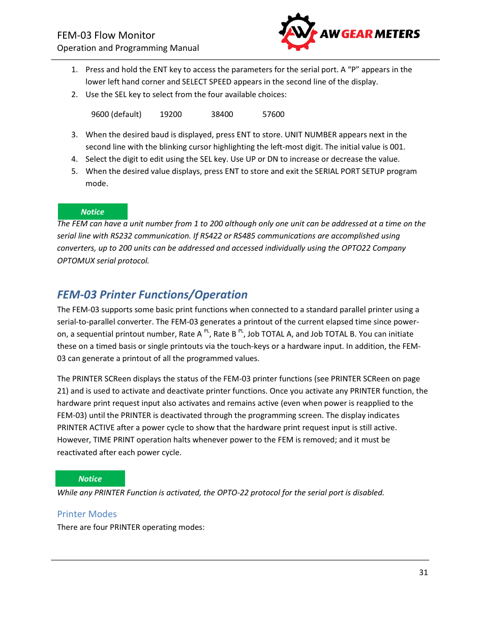 Fem-03 printer functions/operation, Printer modes, E 31 | Fem-03 flow monitor | AW Gear Meters FEM-03 User Manual | Page 32 / 44
