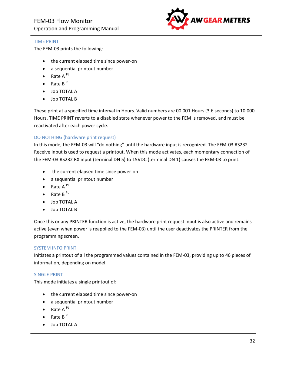Time print, Do nothing (hardware print request), System info print | Single print, Fem-03 flow monitor | AW Gear Meters FEM-03 User Manual | Page 33 / 44