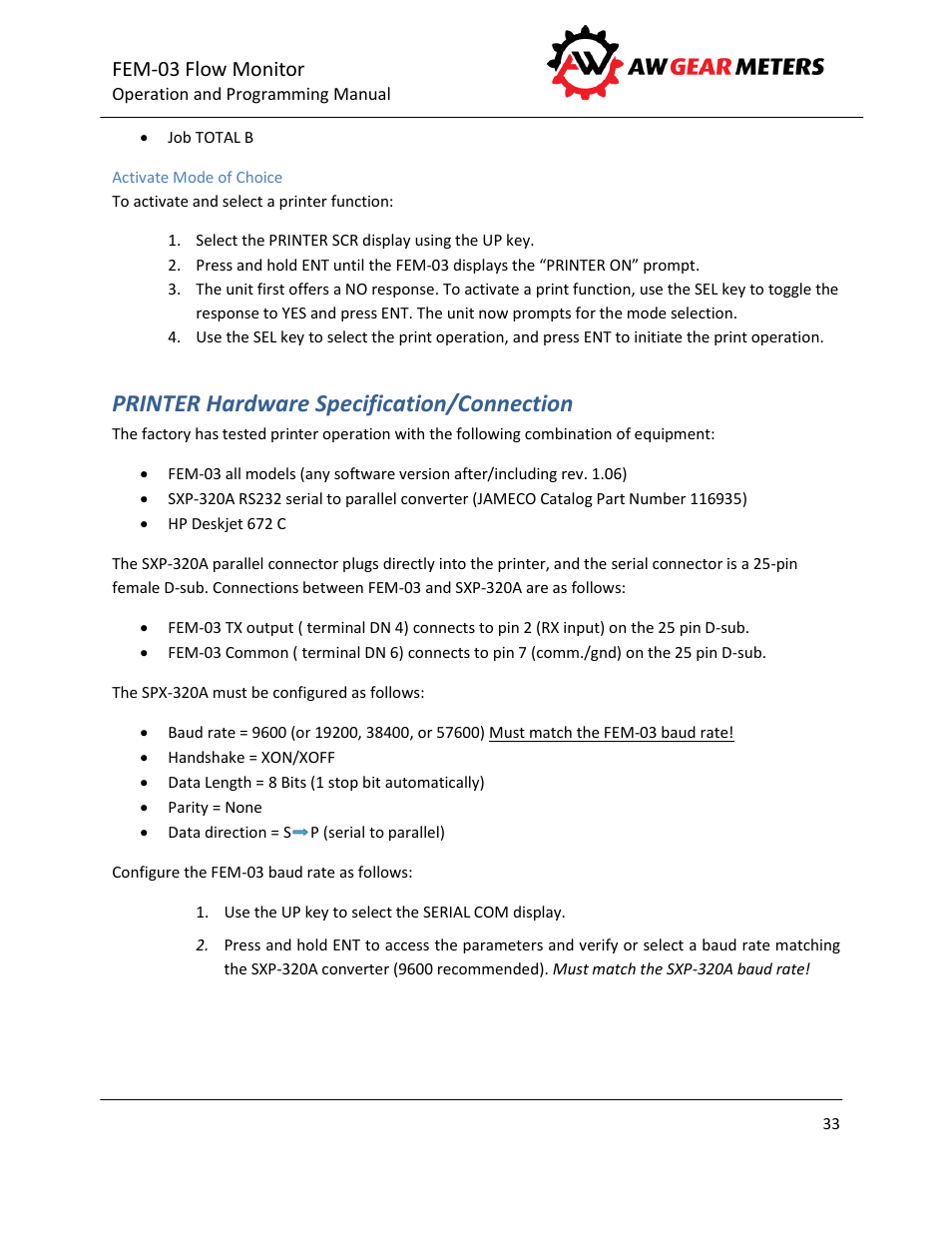 Activate mode of choice, Printer hardware specification/connection, Fem-03 flow monitor | AW Gear Meters FEM-03 User Manual | Page 34 / 44