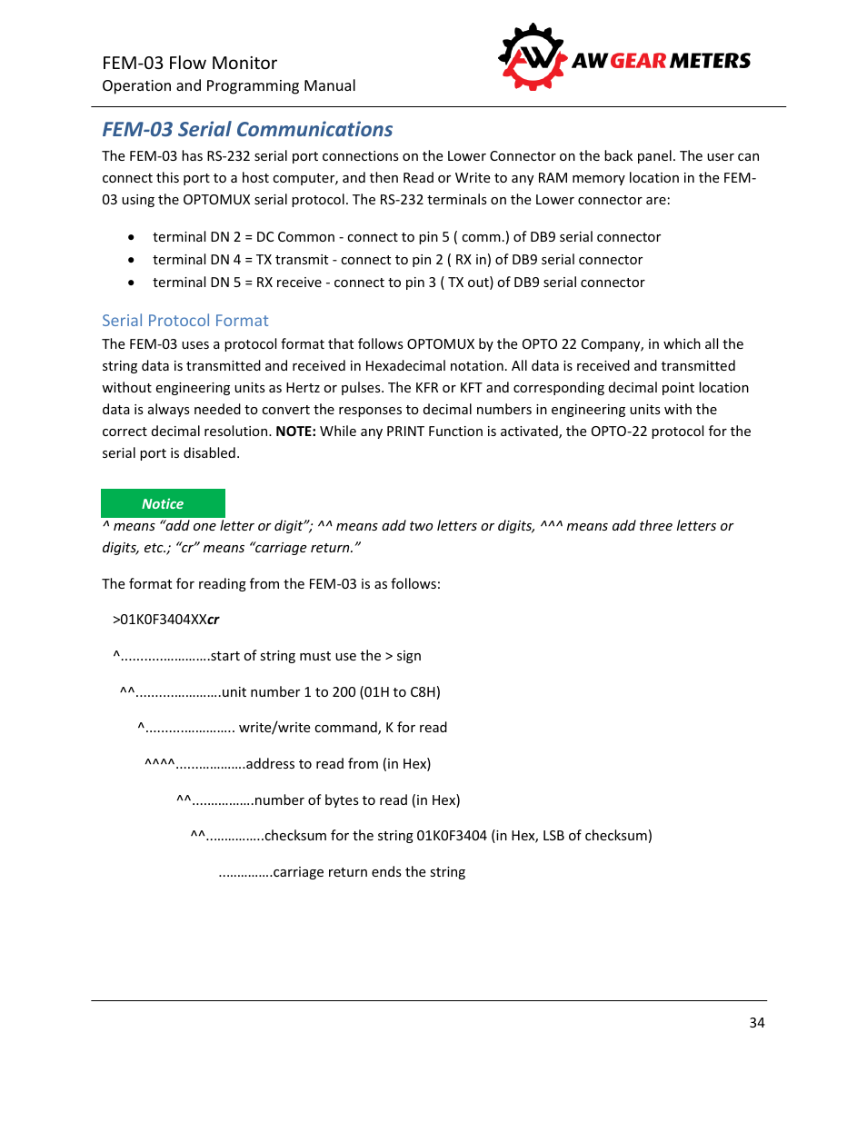 Fem-03 serial communications, Serial protocol format, E 34 | Fem-03 flow monitor | AW Gear Meters FEM-03 User Manual | Page 35 / 44