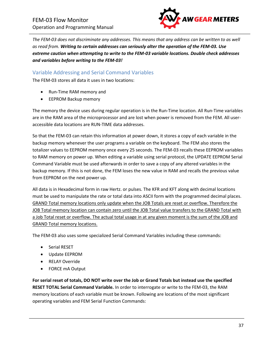 Fem-03 flow monitor | AW Gear Meters FEM-03 User Manual | Page 38 / 44