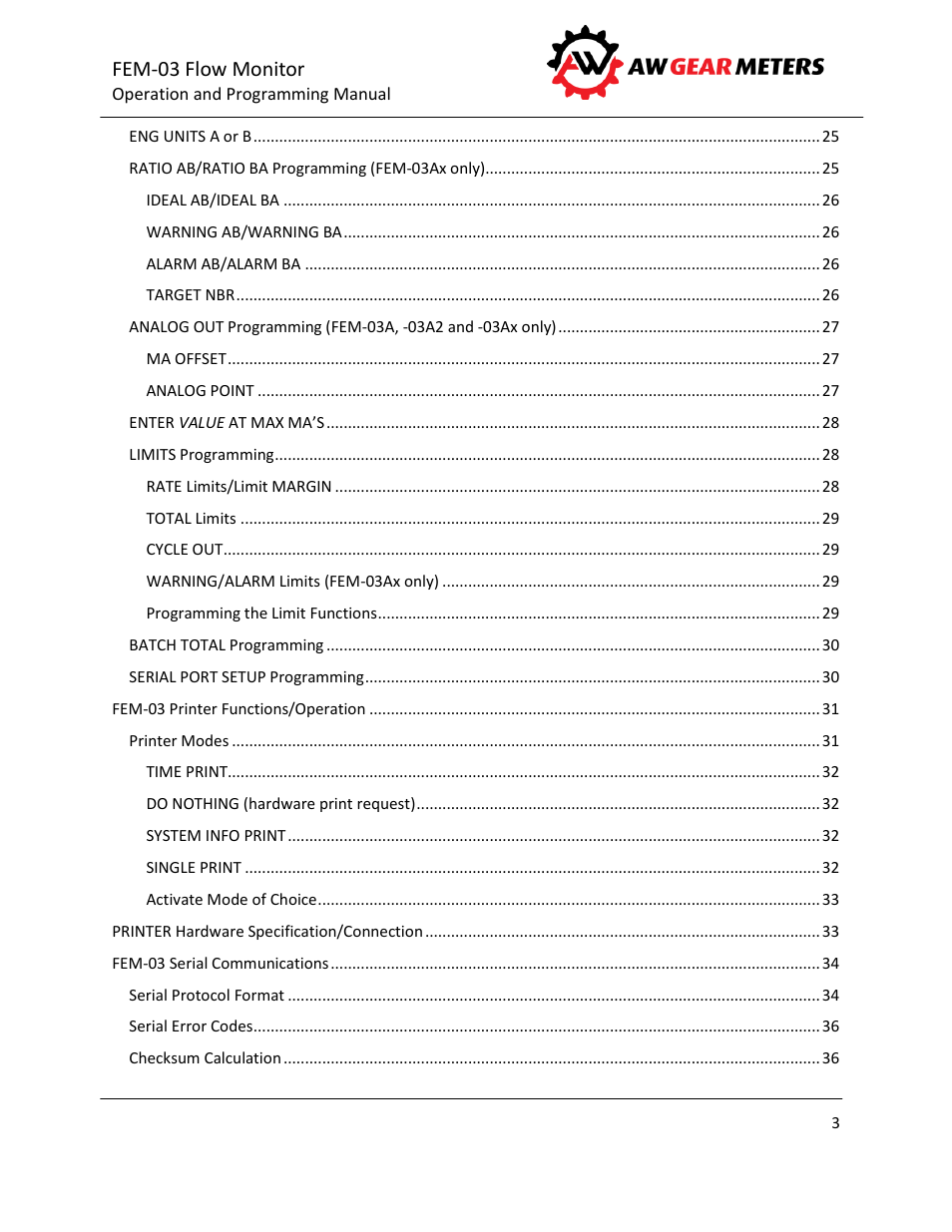Fem-03 flow monitor | AW Gear Meters FEM-03 User Manual | Page 4 / 44