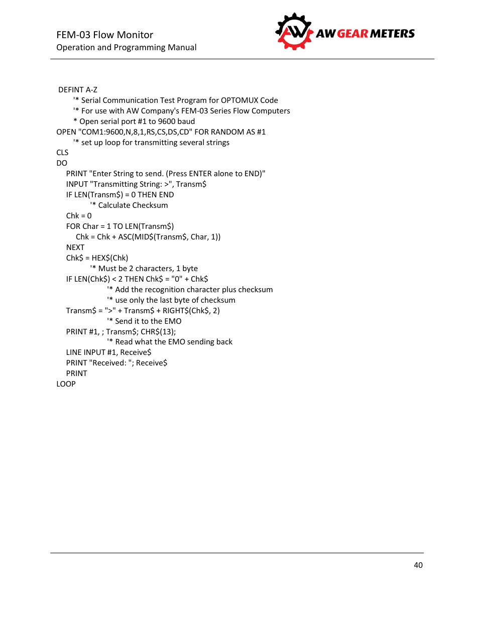Fem-03 flow monitor | AW Gear Meters FEM-03 User Manual | Page 41 / 44