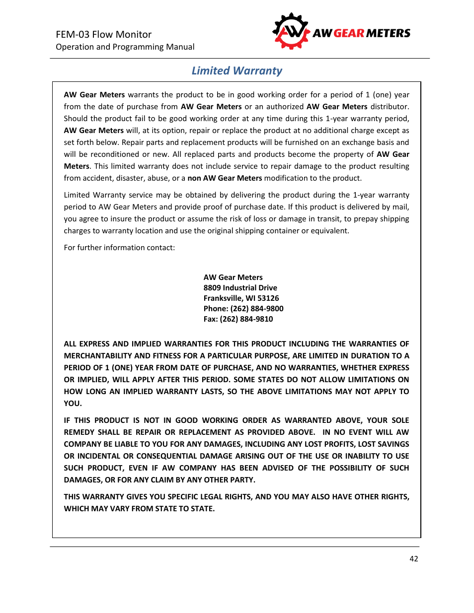 Limited warranty, Fem-03 flow monitor | AW Gear Meters FEM-03 User Manual | Page 43 / 44