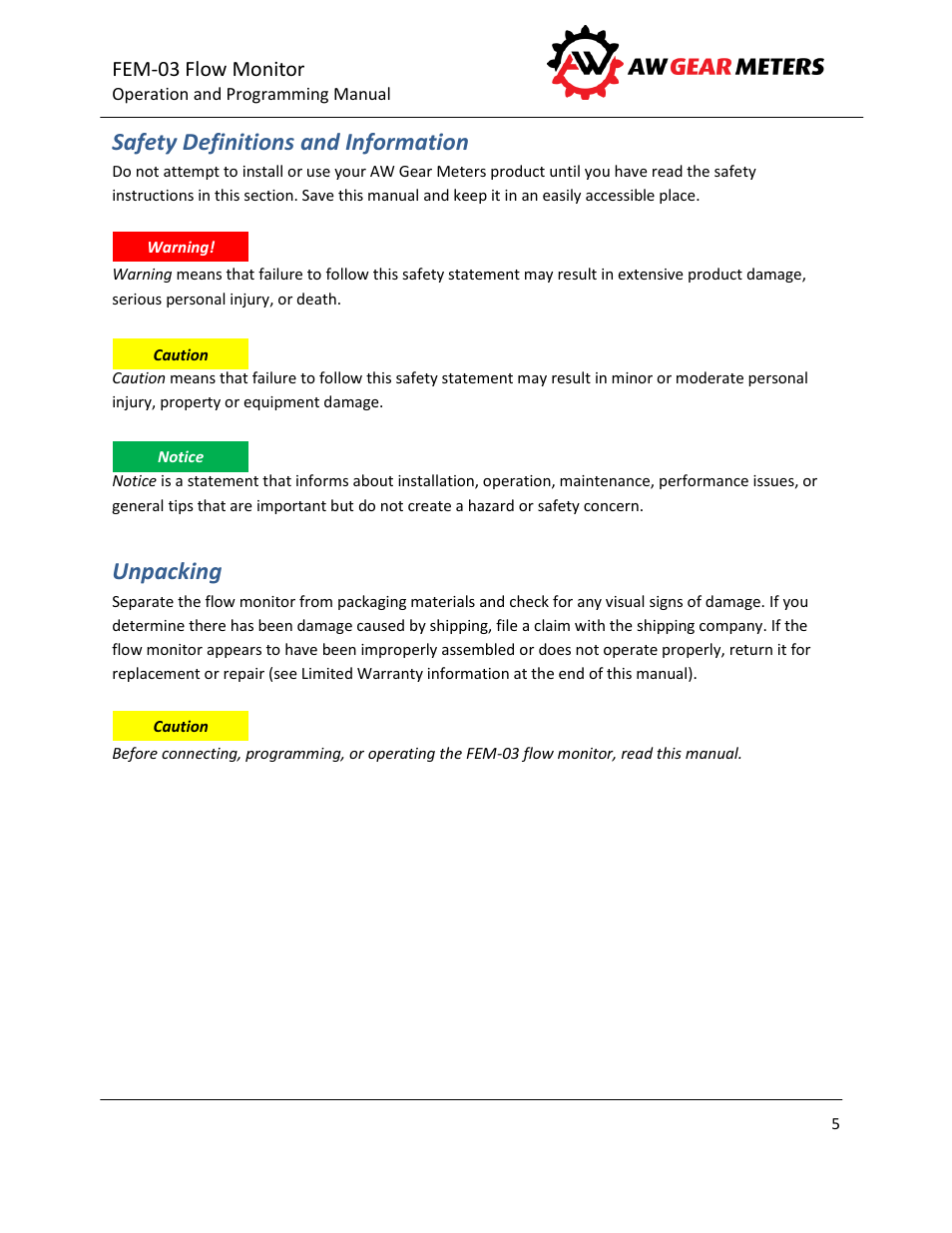 Safety definitions and information, Unpacking | AW Gear Meters FEM-03 User Manual | Page 6 / 44