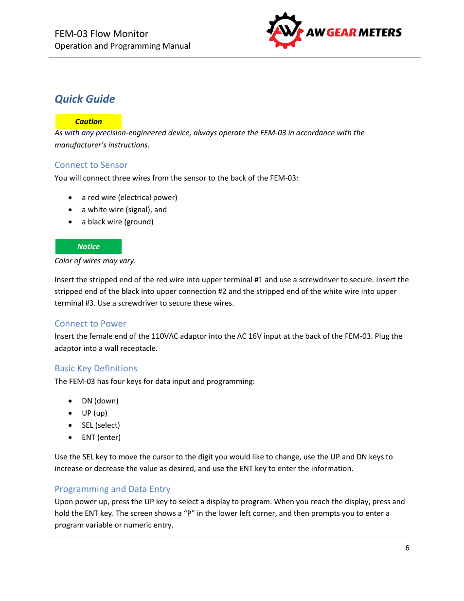 Quick guide, Connect to sensor, Connect to power | Basic key definitions, Programming and data entry, Fem-03 flow monitor | AW Gear Meters FEM-03 User Manual | Page 7 / 44