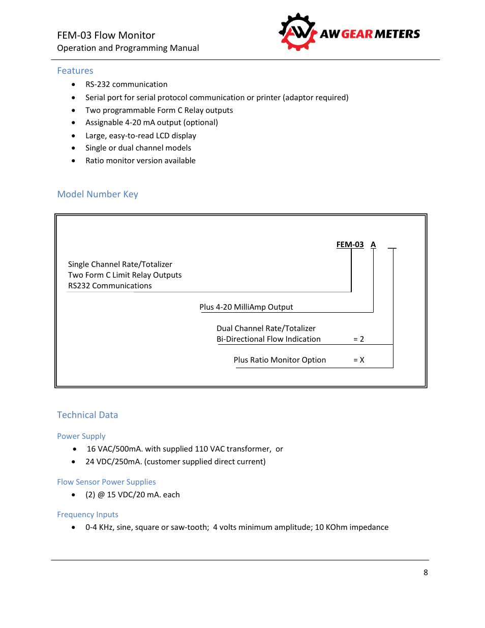 Features, Model number key, Technical data | Power supply, Flow sensor power supplies, Frequency inputs, Fem-03 flow monitor | AW Gear Meters FEM-03 User Manual | Page 9 / 44