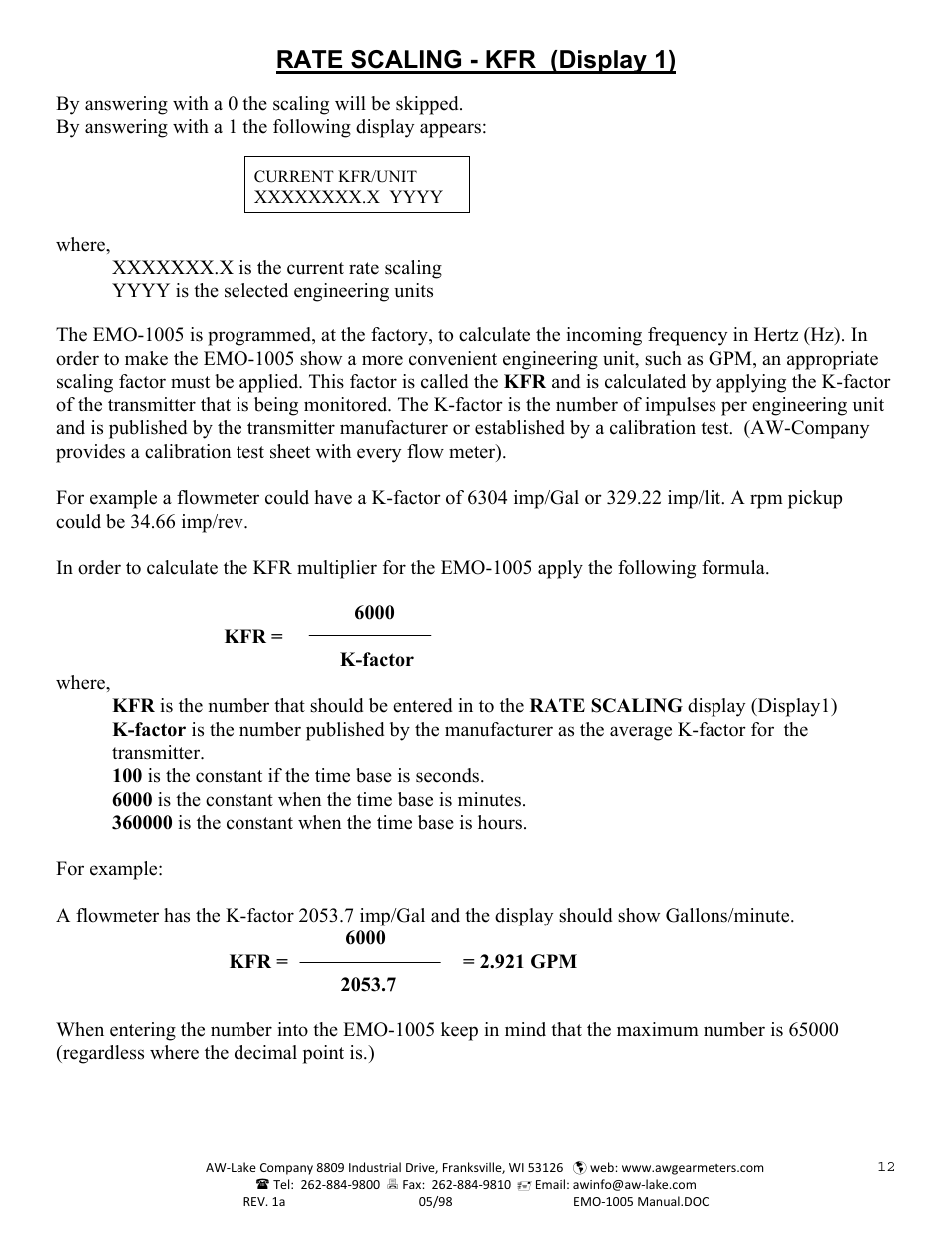 Rate scaling - kfr (display 1) | AW Gear Meters EMO-1005 User Manual | Page 13 / 55