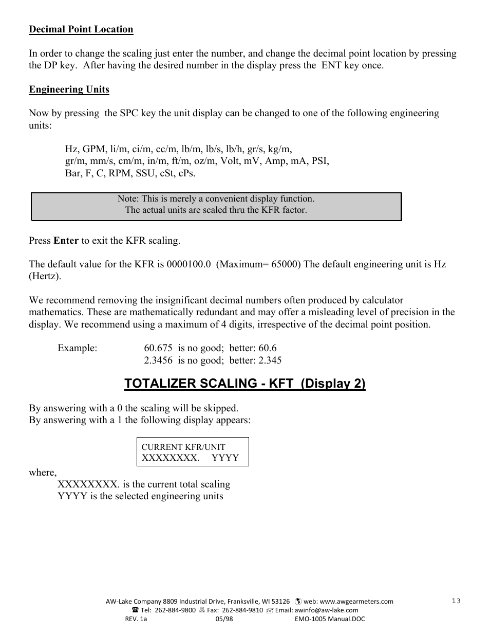 Totalizer scaling - kft (display 2) | AW Gear Meters EMO-1005 User Manual | Page 14 / 55