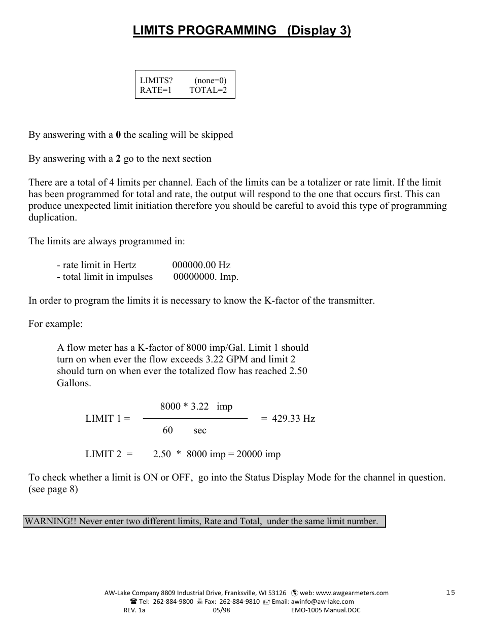 Limits programming (display 3) | AW Gear Meters EMO-1005 User Manual | Page 16 / 55