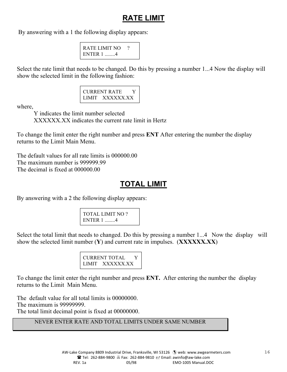 Rate limit, Total limit | AW Gear Meters EMO-1005 User Manual | Page 17 / 55