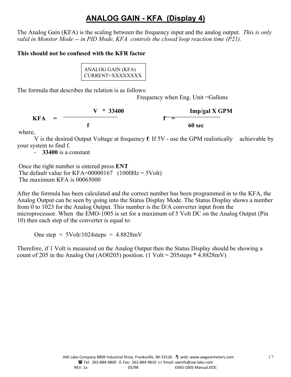 Analog gain - kfa (display 4) | AW Gear Meters EMO-1005 User Manual | Page 18 / 55