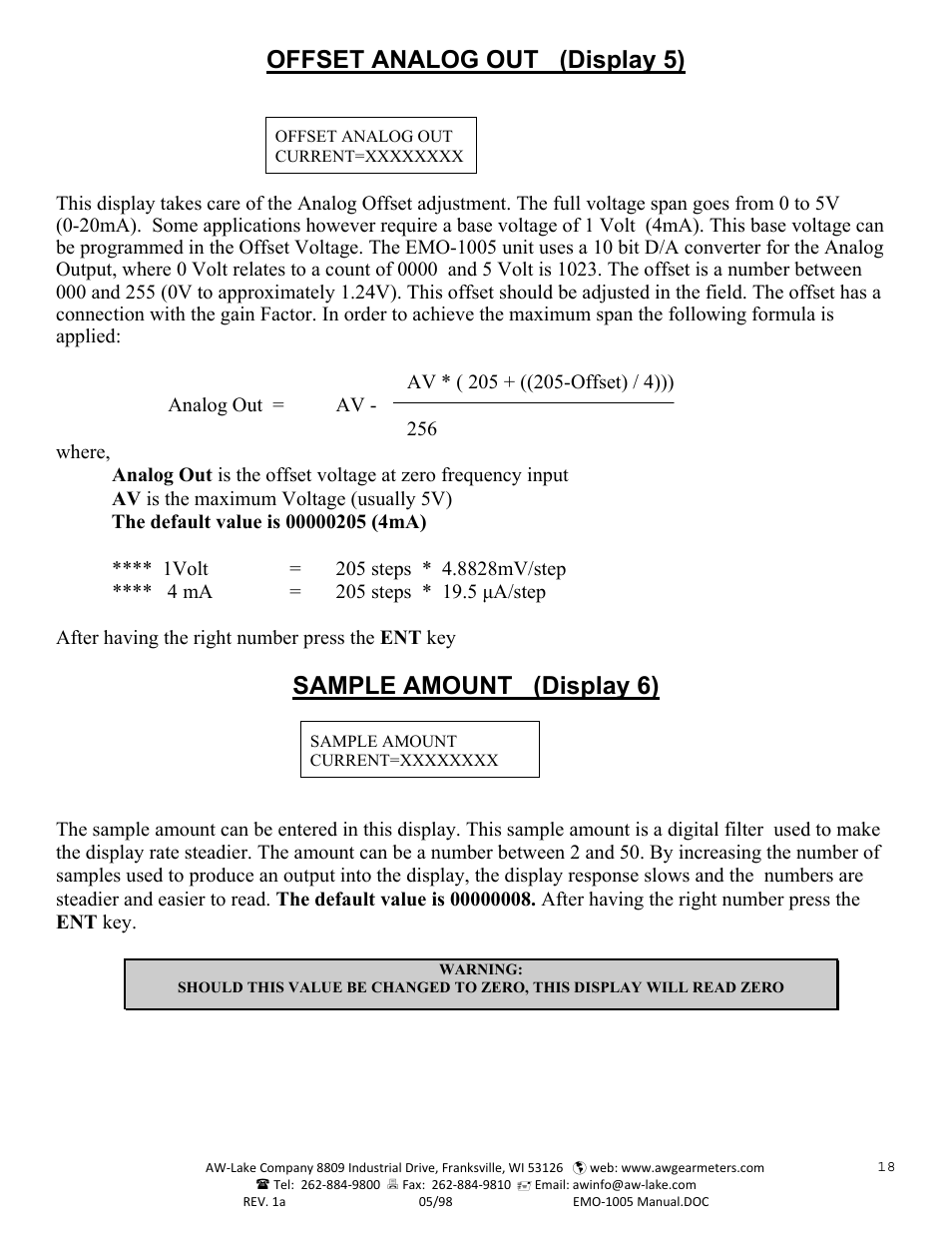 Offset analog out (display 5), Sample amount (display 6) | AW Gear Meters EMO-1005 User Manual | Page 19 / 55