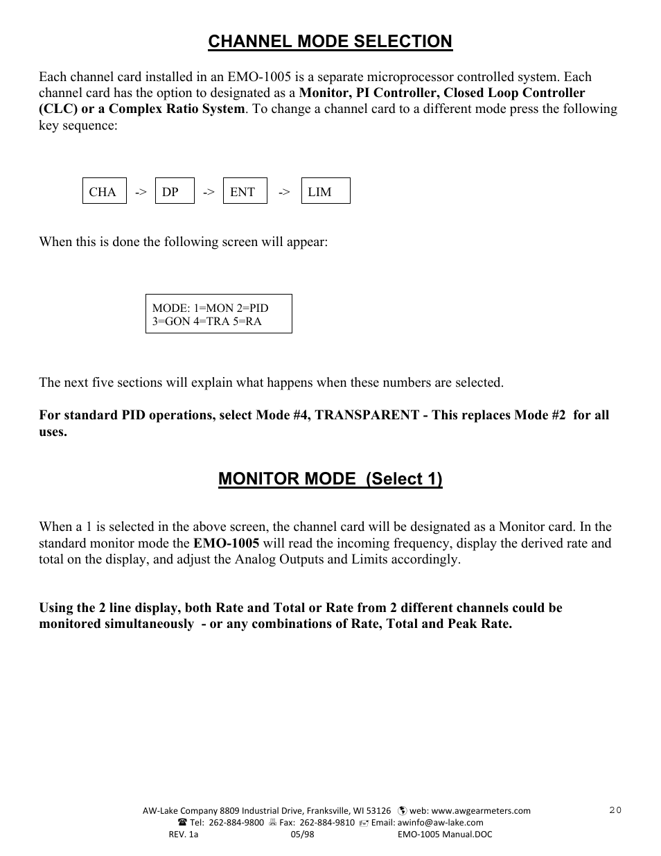 Channel mode selection, Monitor mode (select 1) | AW Gear Meters EMO-1005 User Manual | Page 21 / 55