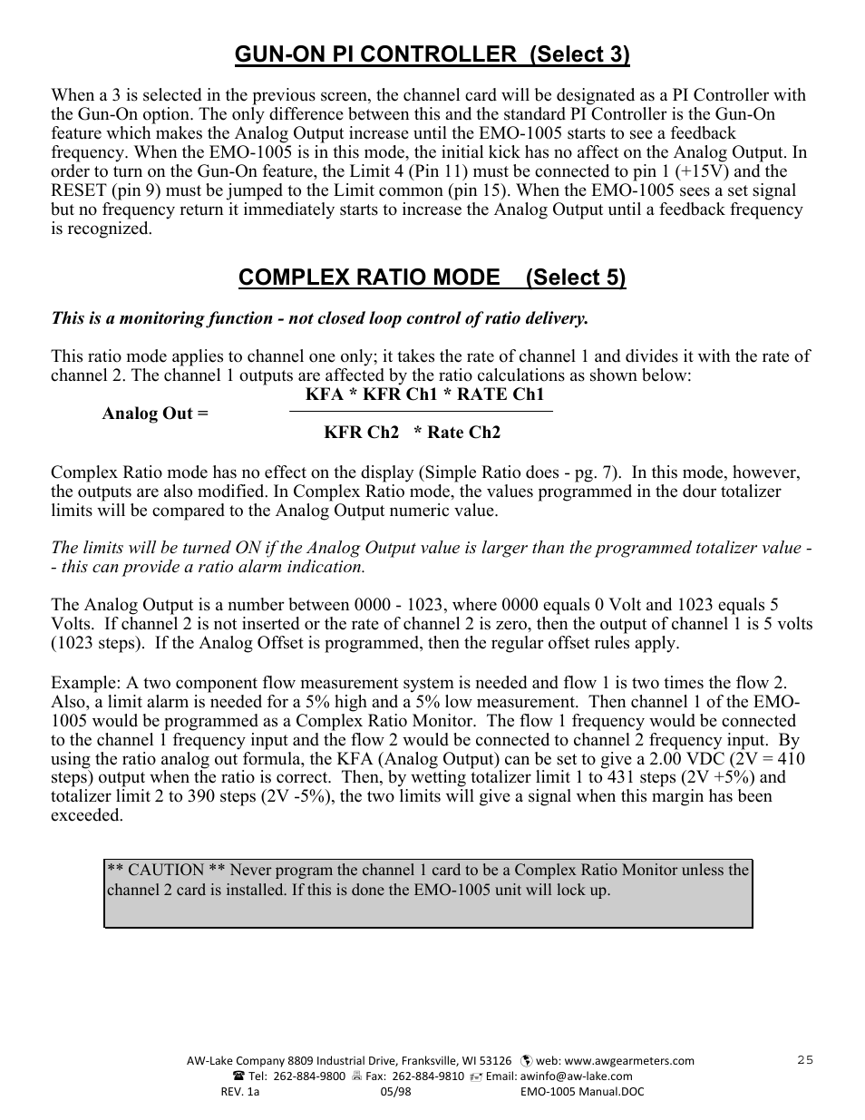 Gun-on pi controller (select 3), Complex ratio mode (select 5) | AW Gear Meters EMO-1005 User Manual | Page 26 / 55