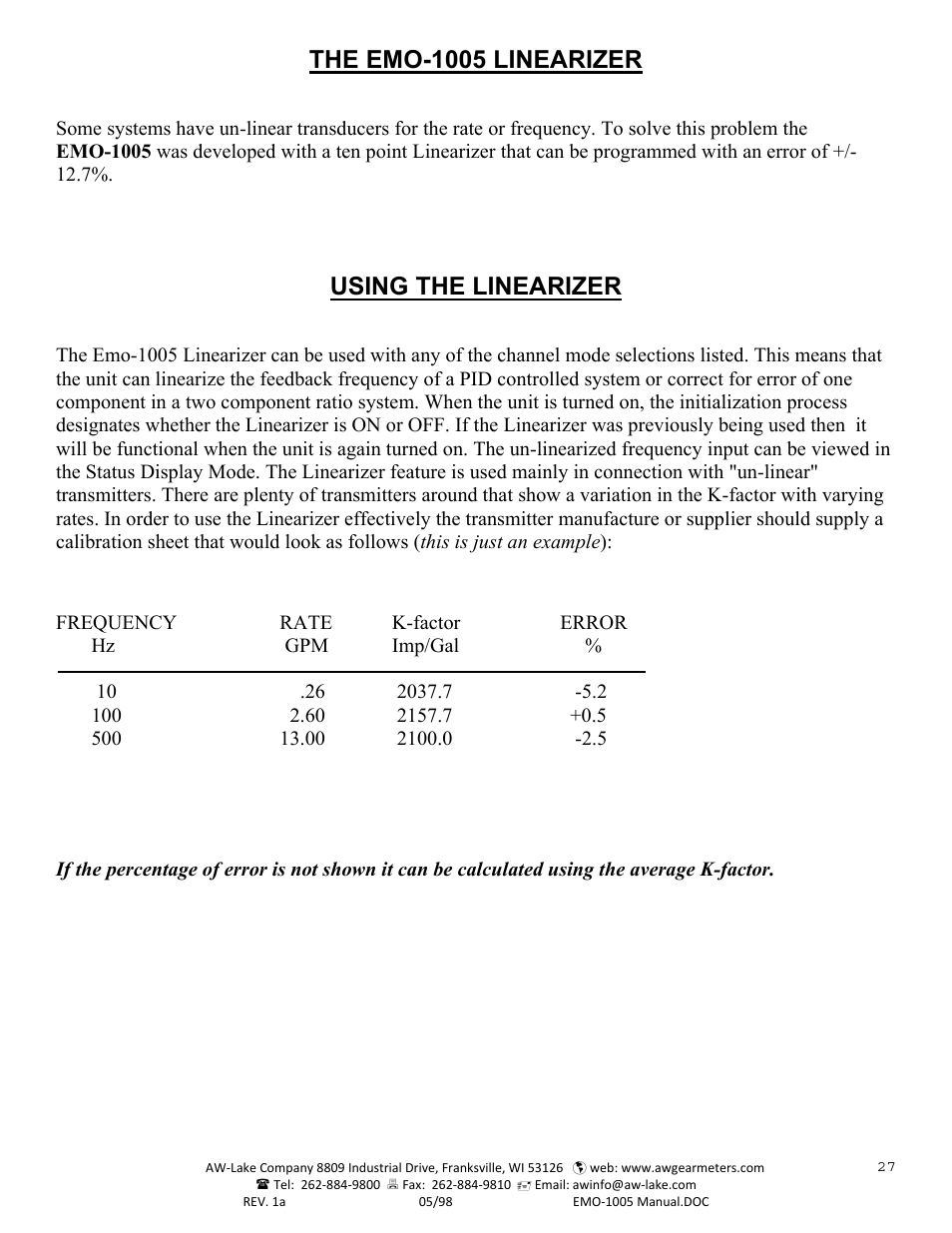 The emo-1005 linearizer, Using the linearizer | AW Gear Meters EMO-1005 User Manual | Page 28 / 55