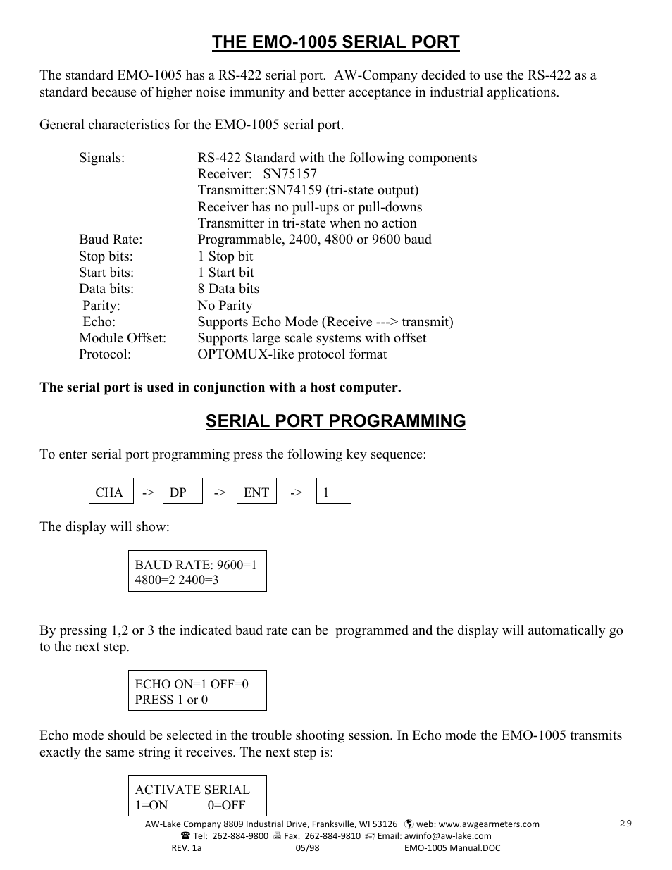 The emo-1005 serial port, Serial port programming | AW Gear Meters EMO-1005 User Manual | Page 30 / 55