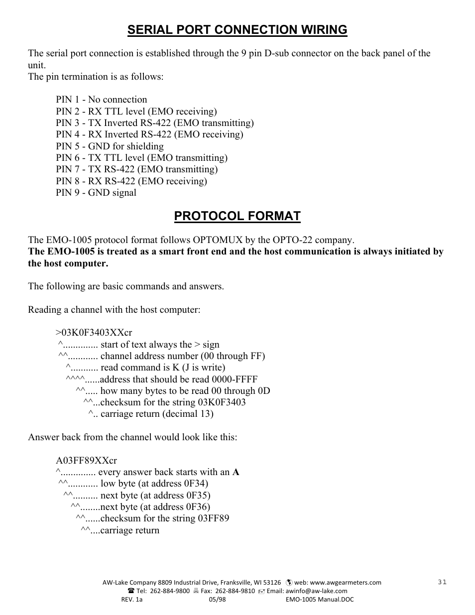 Serial port connection wiring, Protocol format | AW Gear Meters EMO-1005 User Manual | Page 32 / 55