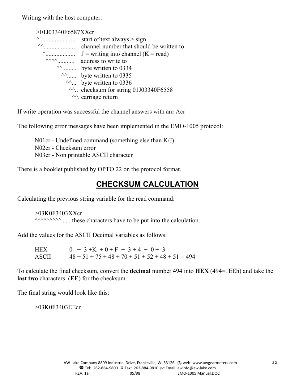 Checksum calculation | AW Gear Meters EMO-1005 User Manual | Page 33 / 55