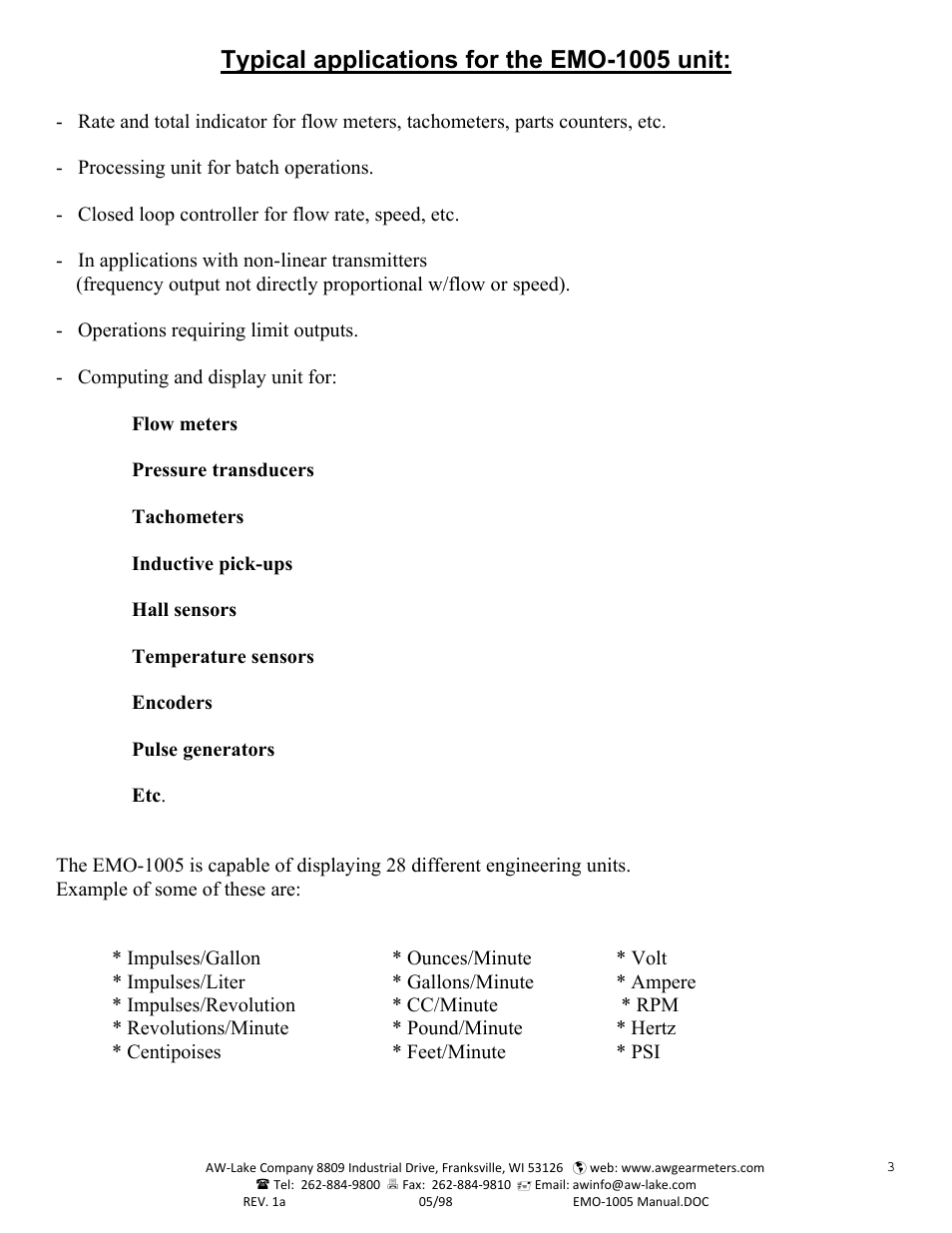 Typical applications for the emo-1005 unit | AW Gear Meters EMO-1005 User Manual | Page 4 / 55