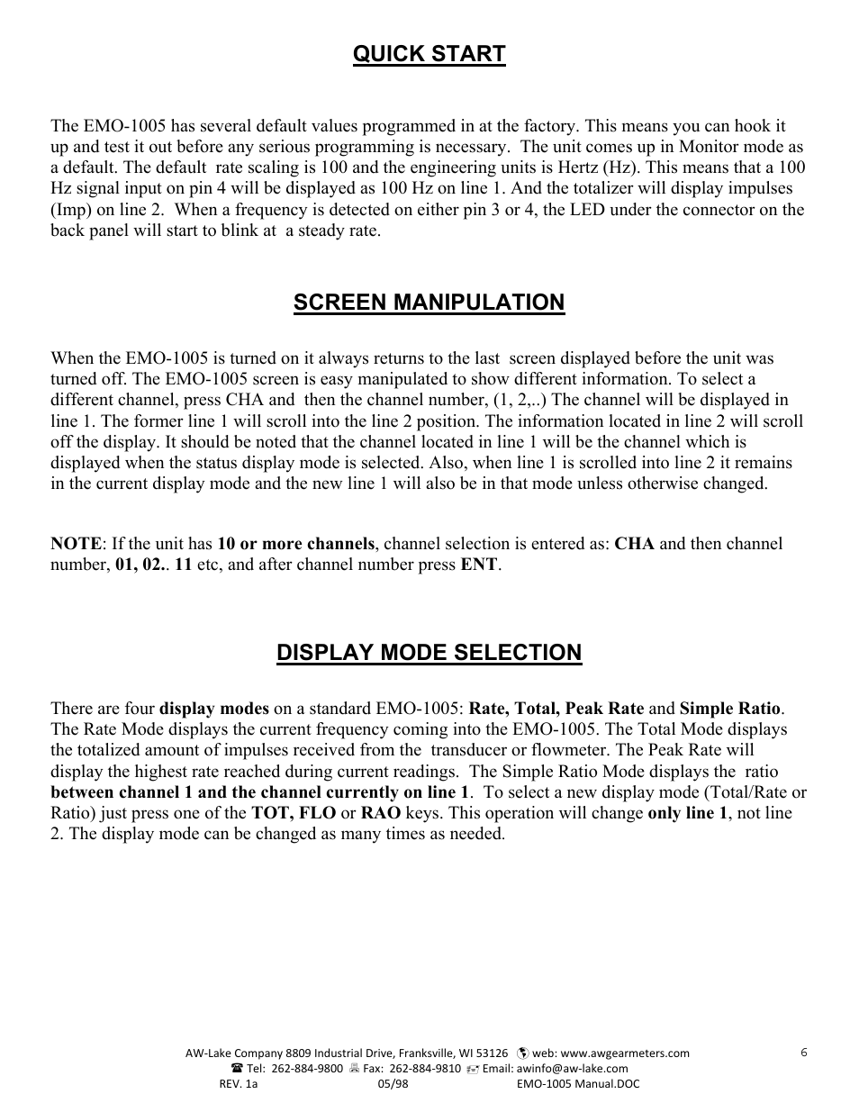 Quick start, Screen manipulation, Display mode selection | AW Gear Meters EMO-1005 User Manual | Page 7 / 55