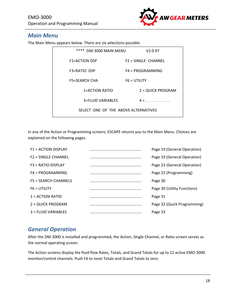 Main menu, General operation, Emo‐3000 | AW Gear Meters EMO-3000 User Manual | Page 19 / 68