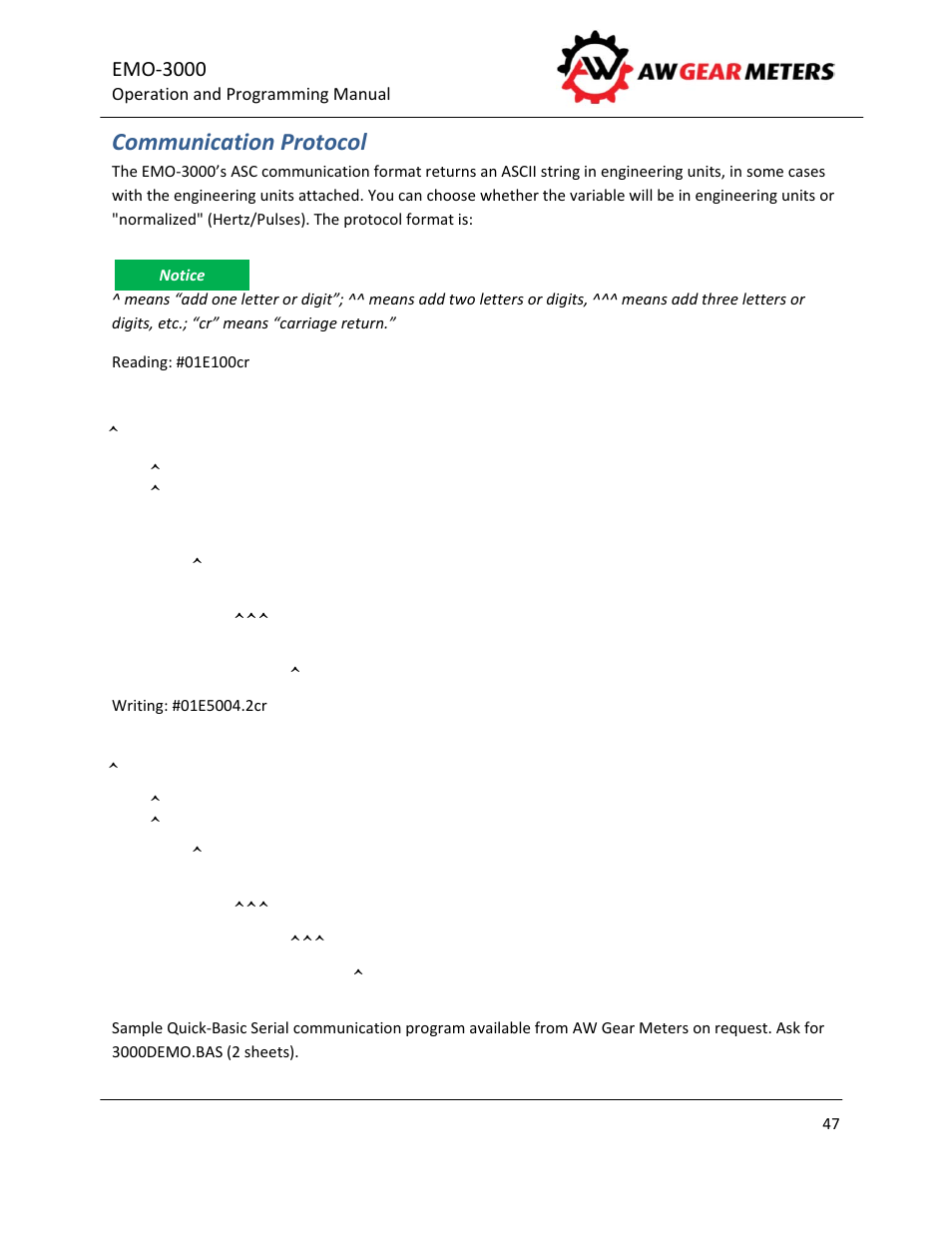 Communication protocol | AW Gear Meters EMO-3000 User Manual | Page 48 / 68