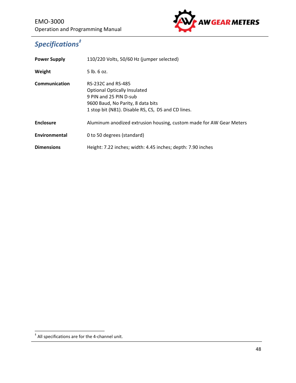 Specifications, Emo‐3000 | AW Gear Meters EMO-3000 User Manual | Page 49 / 68