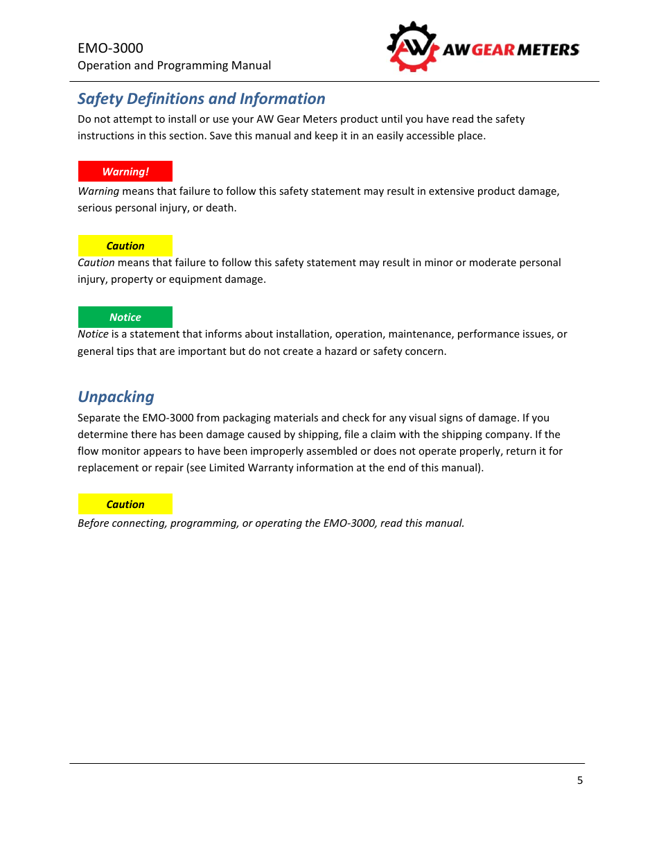 Safety definitions and information, Unpacking | AW Gear Meters EMO-3000 User Manual | Page 6 / 68