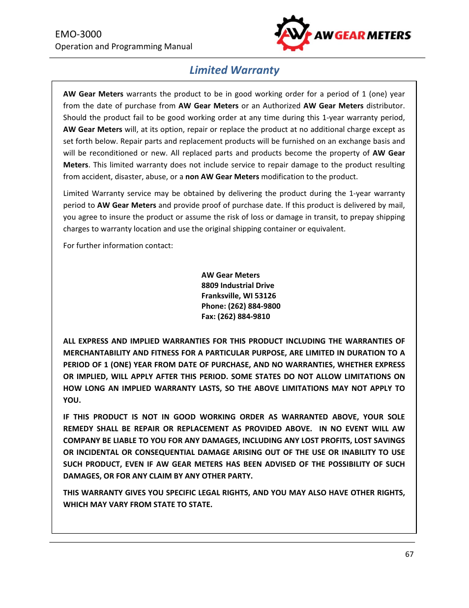 Limited warranty, Emo‐3000 | AW Gear Meters EMO-3000 User Manual | Page 68 / 68