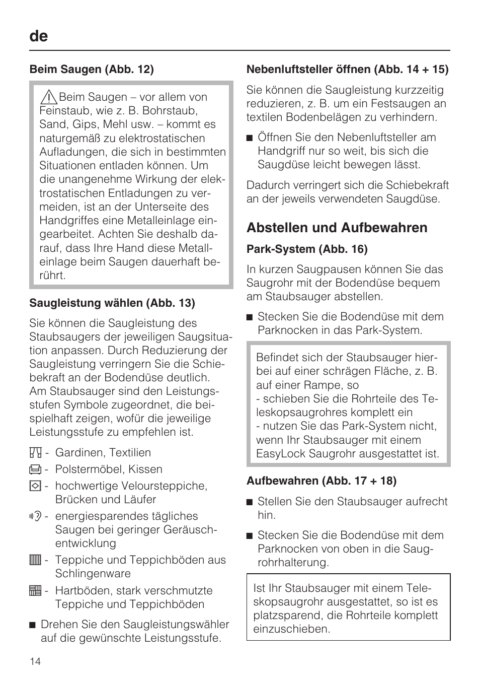 Abstellen und aufbewahren | Miele HS12 User Manual | Page 14 / 88