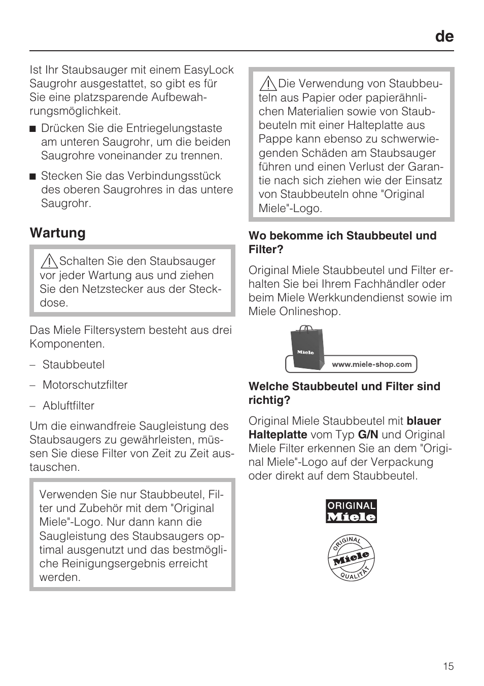 Wartung | Miele HS12 User Manual | Page 15 / 88