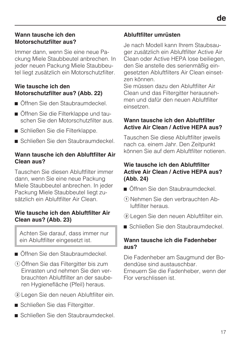 Miele HS12 User Manual | Page 17 / 88